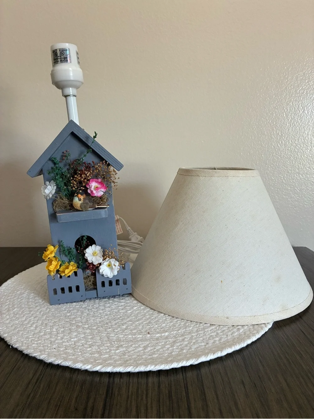 Handcrafted Gray Birdhouse Table Lamp with Cream Shade